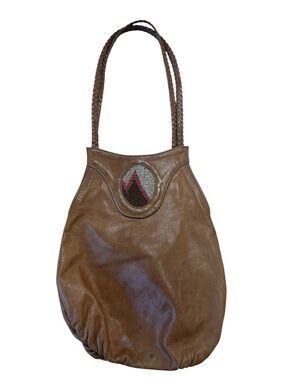Vintage Leather Hobo Shoulder Bag W/ Woven Strap & Central Tapestry Inset